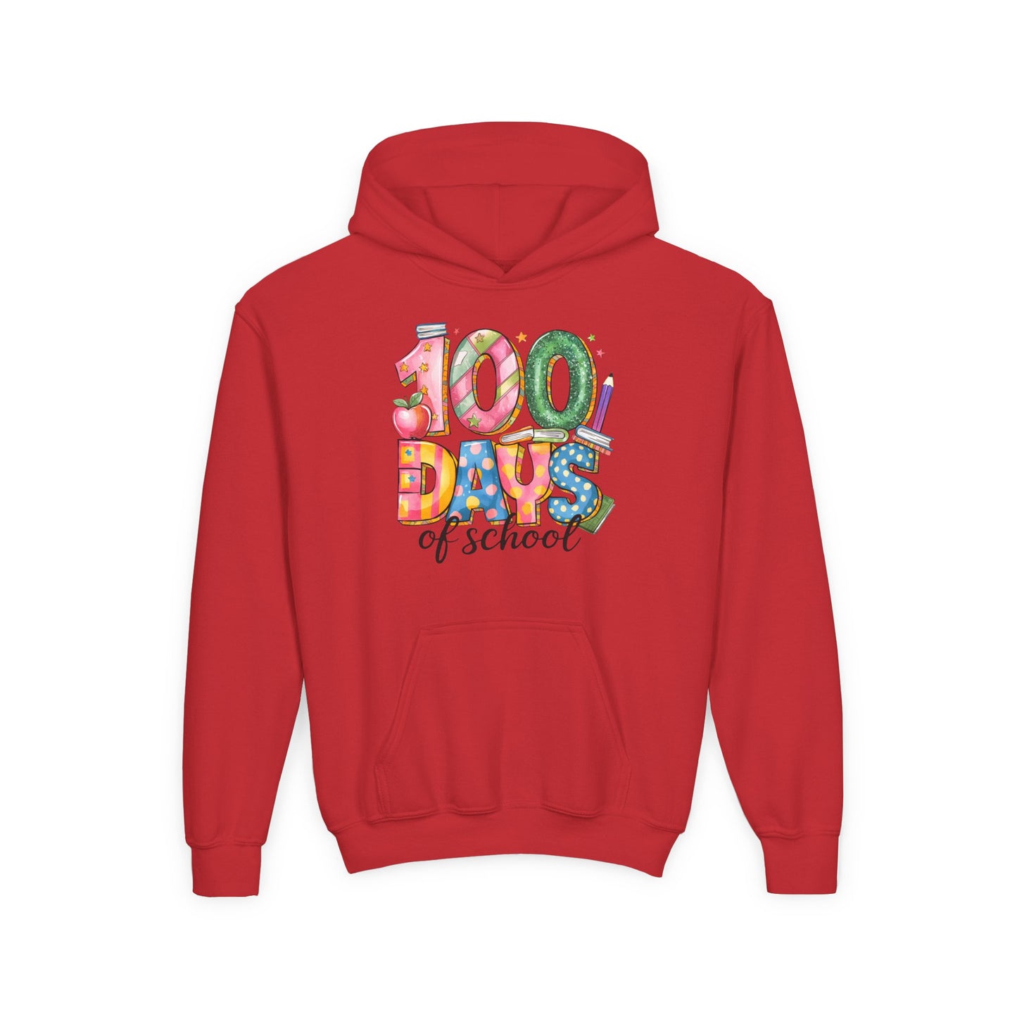 100 Days of School Youth Hoodie, Celebrate Achievement Sweatshirt, Fun Kids Apparel, School Milestone Gift, Classroom Celebration Wear Red