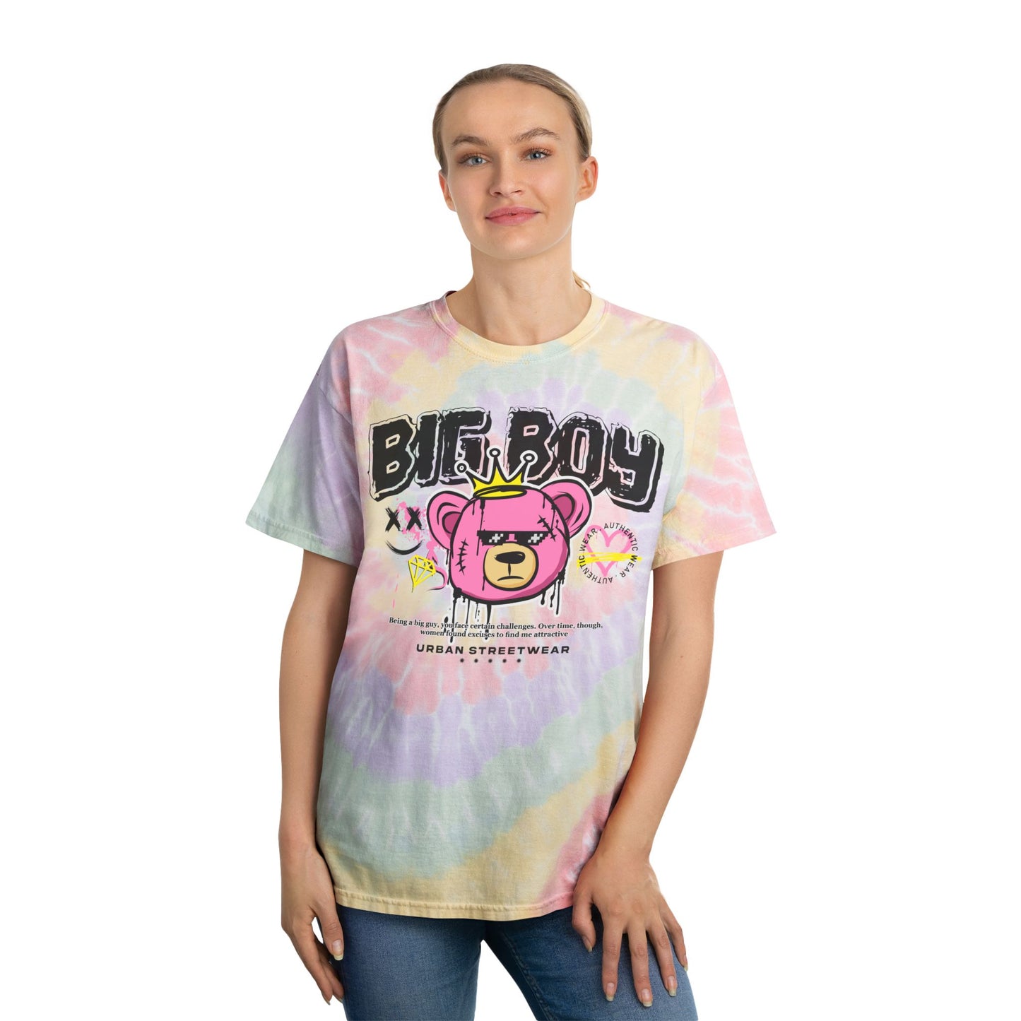 Men's "Big Boy" Tie Dye T-Shirt – Urban Streetwear Graphic Tee with Pink Bear in Crown – Soft Cotton Pastel Shirt for Casual Wear