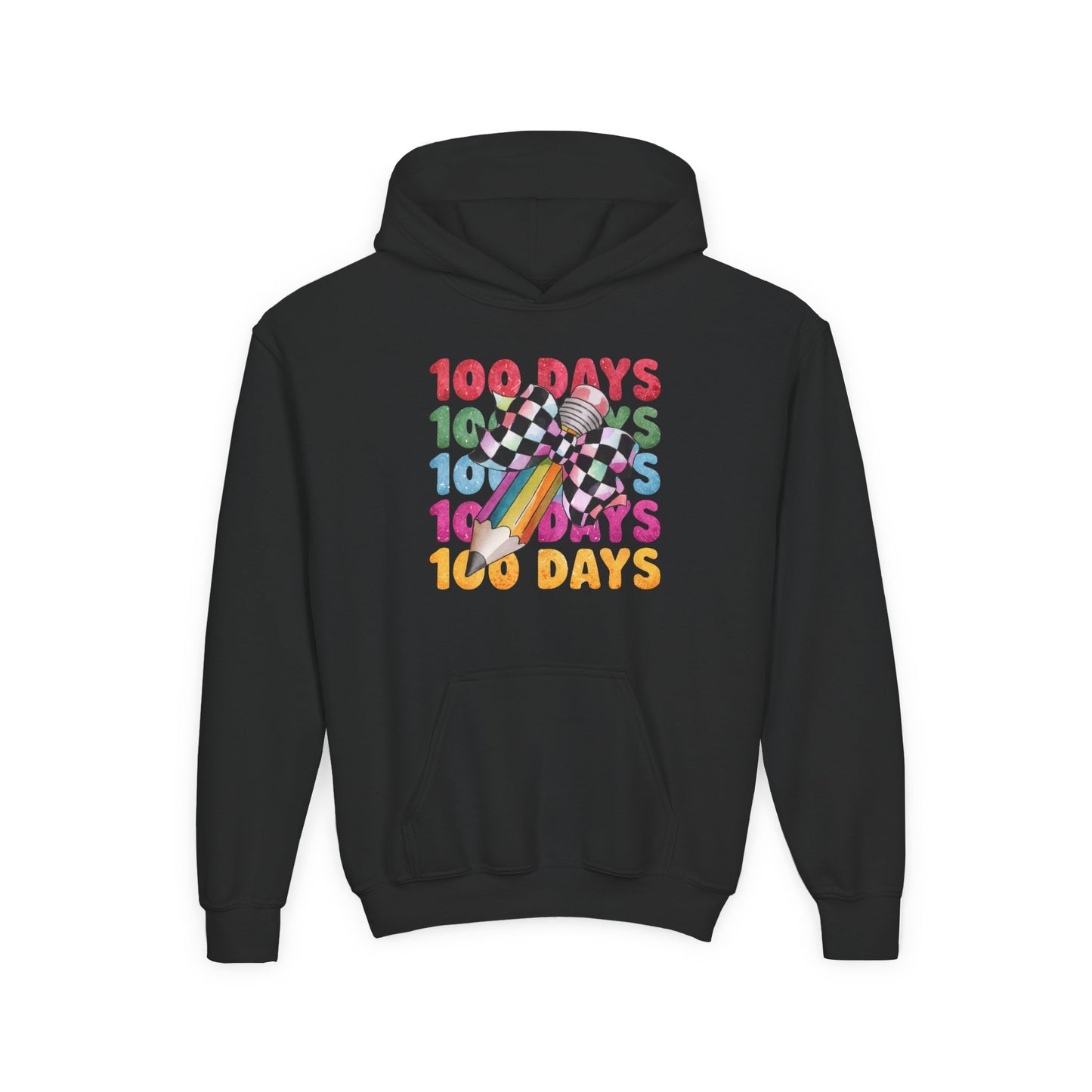 Colorful 100 Days Hoodie for Kids, Fun Sweatshirt for School Celebrations, Youth Fashion, Unique Gift for Students, Cozy Everyday Wear Black
