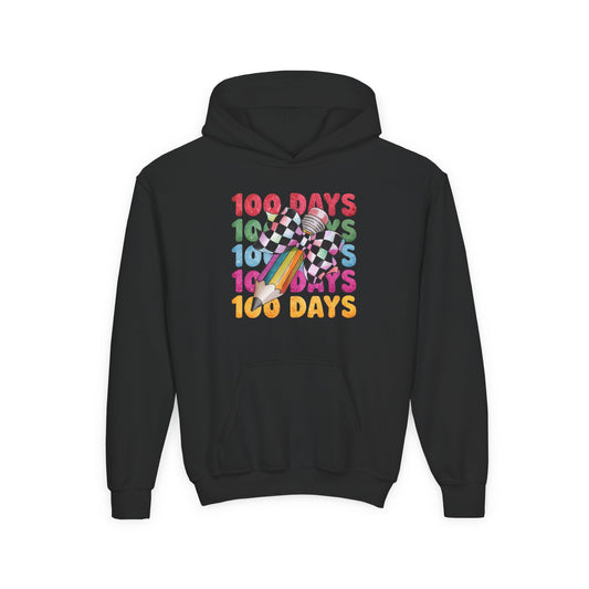 Colorful 100 Days Hoodie for Kids, Fun Sweatshirt for School Celebrations, Youth Fashion, Unique Gift for Students, Cozy Everyday Wear Black