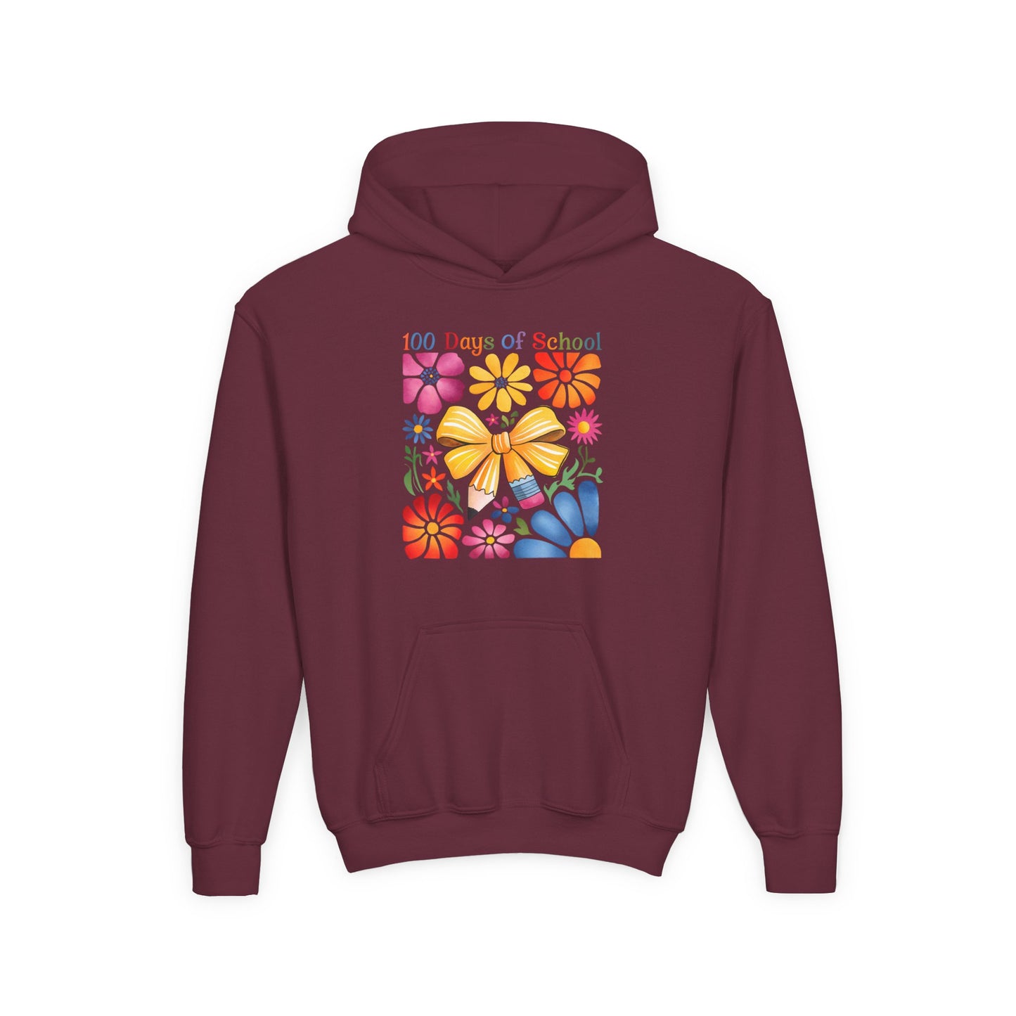 Bright Floral 100 Days of School Youth Hoodie, Colorful Kids Sweatshirt, School Celebration Apparel, Student Gift, Fun Classroom Outfit Maroon