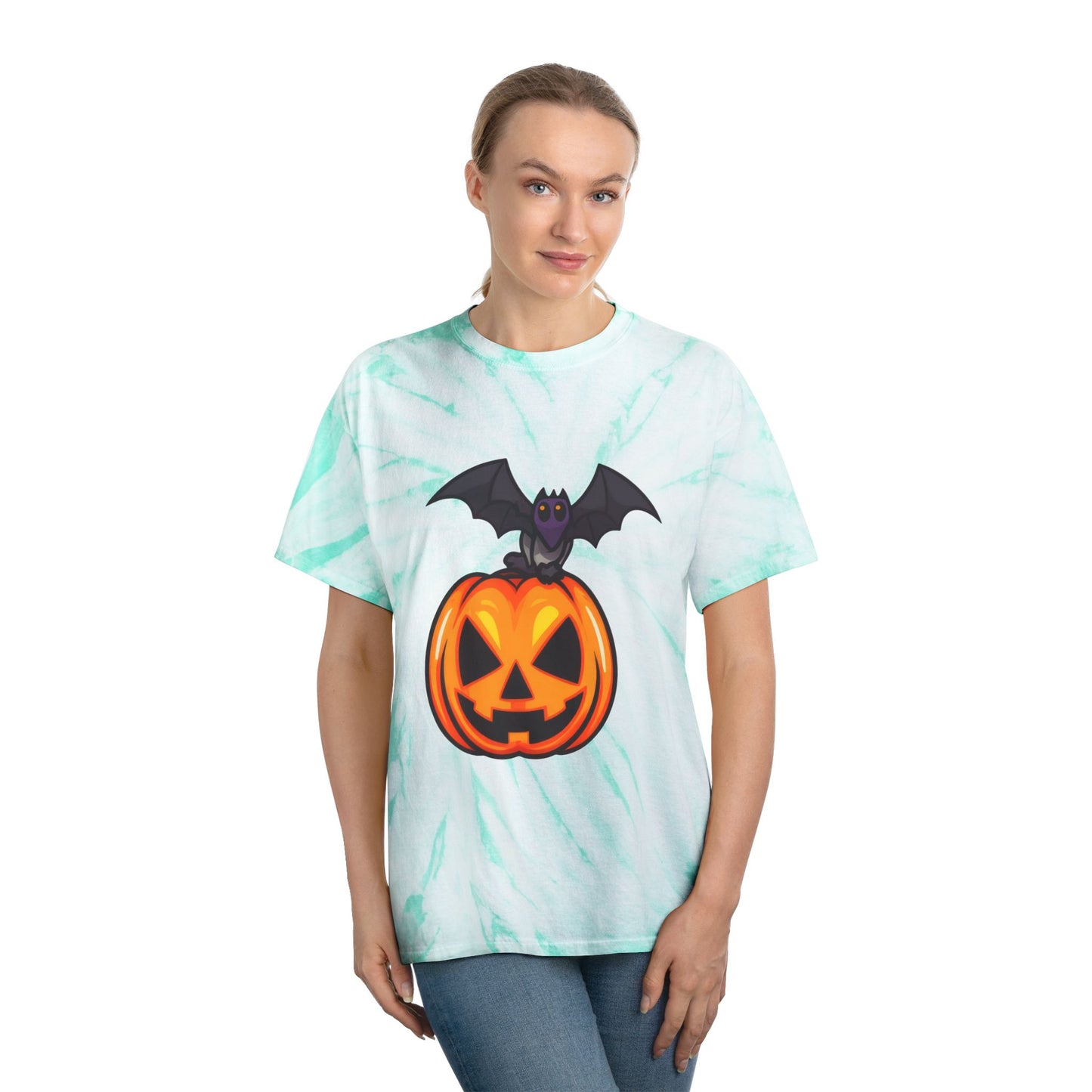 Halloween Tie-Dye Tee with Bat and Pumpkin, Fun Graphic T-Shirt for Fall, Spooky Season Apparel, Casual Wear, Unique Gift Idea - Cozy Kawaii LLC