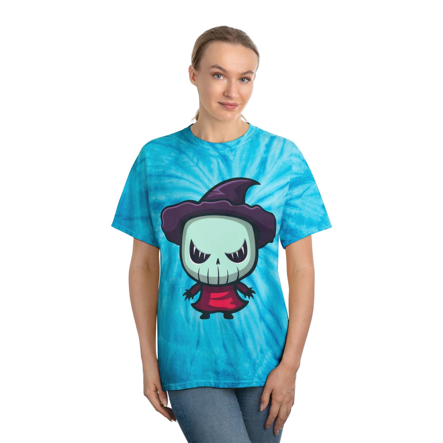 Whimsical Tie-Dye Tee with Cute Halloween Character | Fun Casual Wear, Unisex T-Shirt, Festival Clothing, Unique Gift - Cozy Kawaii LLC