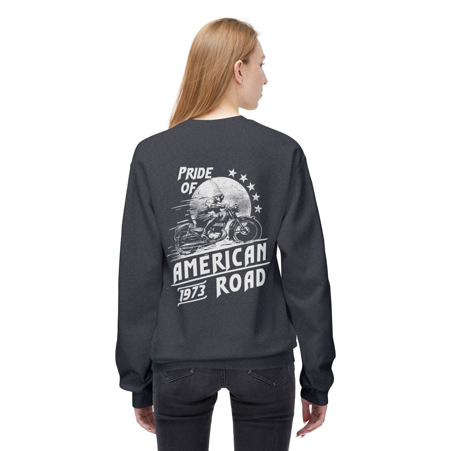 Pride of American Road Crewneck Sweatshirt, Cozy Unisex Fleece Top, Ideal Gift for Bikers, Road Trip Apparel, 1973 Vintage Style