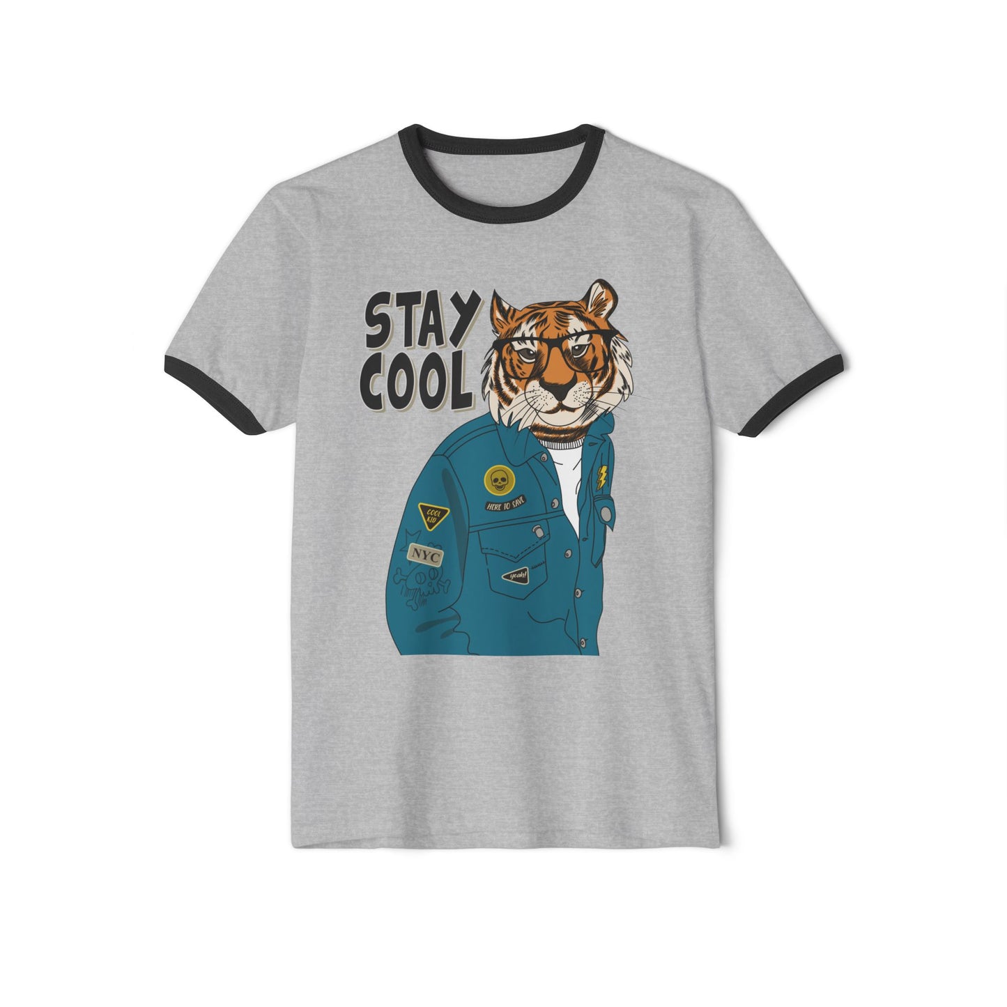 Stay Cool Tiger Ringer T-Shirt, Unisex Vintage Tee, Casual Gift, Animal Lover Apparel, Summer Fashion, Fun Graphic Shirt Heather Grey Black