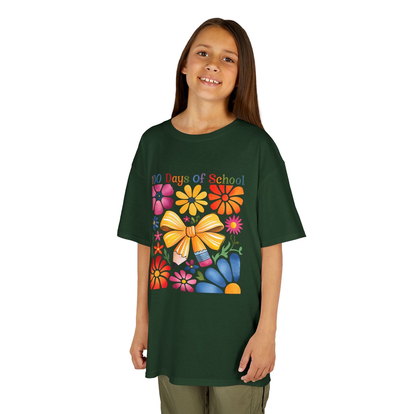 Colorful 100 Days of School Kids Tee, Flower Print T-Shirt for Students, End of Year Celebration Shirt, Fun School Day Wear, Gift for Kids Forest Green