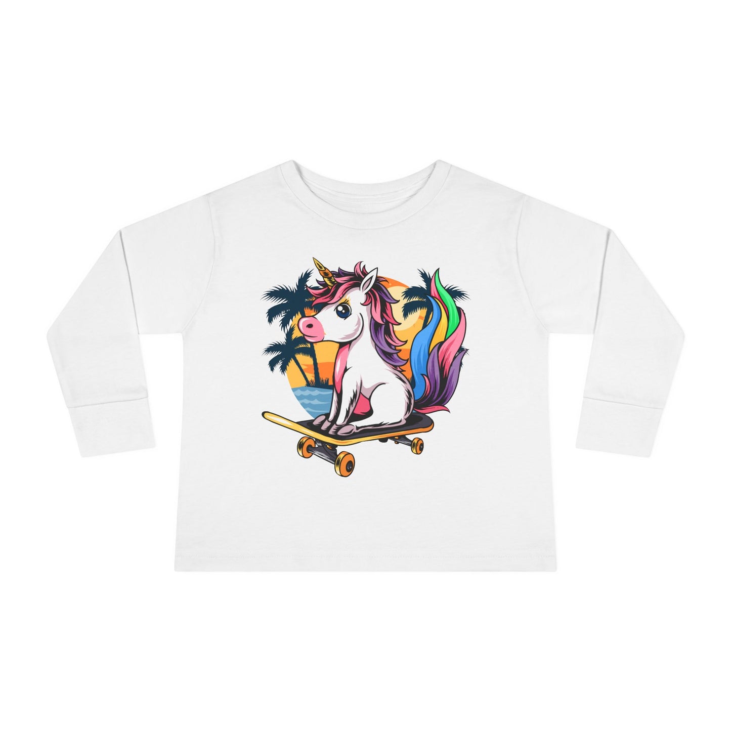 Skateboarding Unicorn Toddler Long Sleeve Tee, Cute Kids Shirt, Unicorn Lover Gift, Playful Toddler Outfit, Birthday Gift White