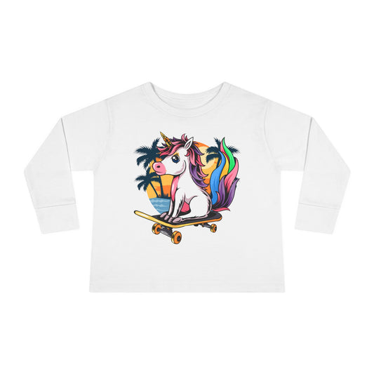 Skateboarding Unicorn Toddler Long Sleeve Tee, Cute Kids Shirt, Unicorn Lover Gift, Playful Toddler Outfit, Birthday Gift White