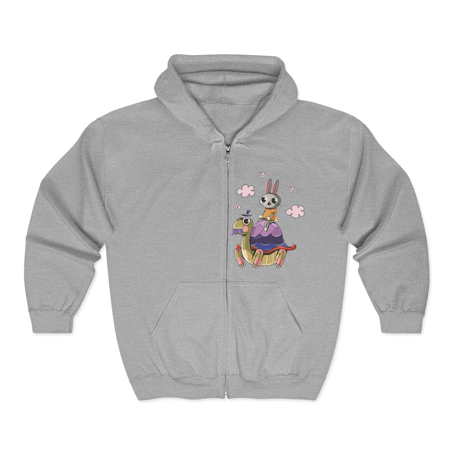 Whimsical Rabbit and Turtle Zip-Up Hoodie Sport Grey
