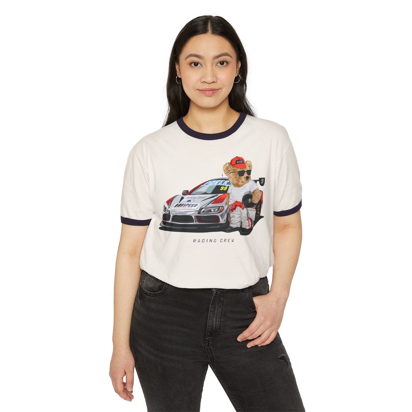 Racing Bear Unisex Cotton Ringer T-Shirt - Funny, Casual Wear, Gift for Car Lovers, Birthday Gift, Motorsport Apparel
