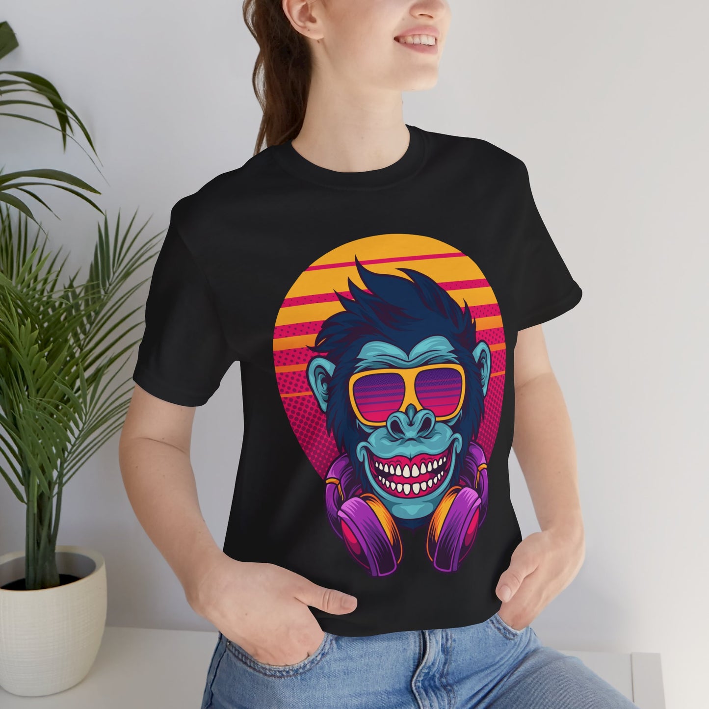 Retro Monkey Graphic Tee, Unisex Jersey Short Sleeve T-Shirt for Fun, Casual Wear, Gift for Animal Lovers, Summer Outfit, Party Tee Black