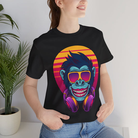 Retro Monkey Graphic Tee, Unisex Jersey Short Sleeve T-Shirt for Fun, Casual Wear, Gift for Animal Lovers, Summer Outfit, Party Tee Black