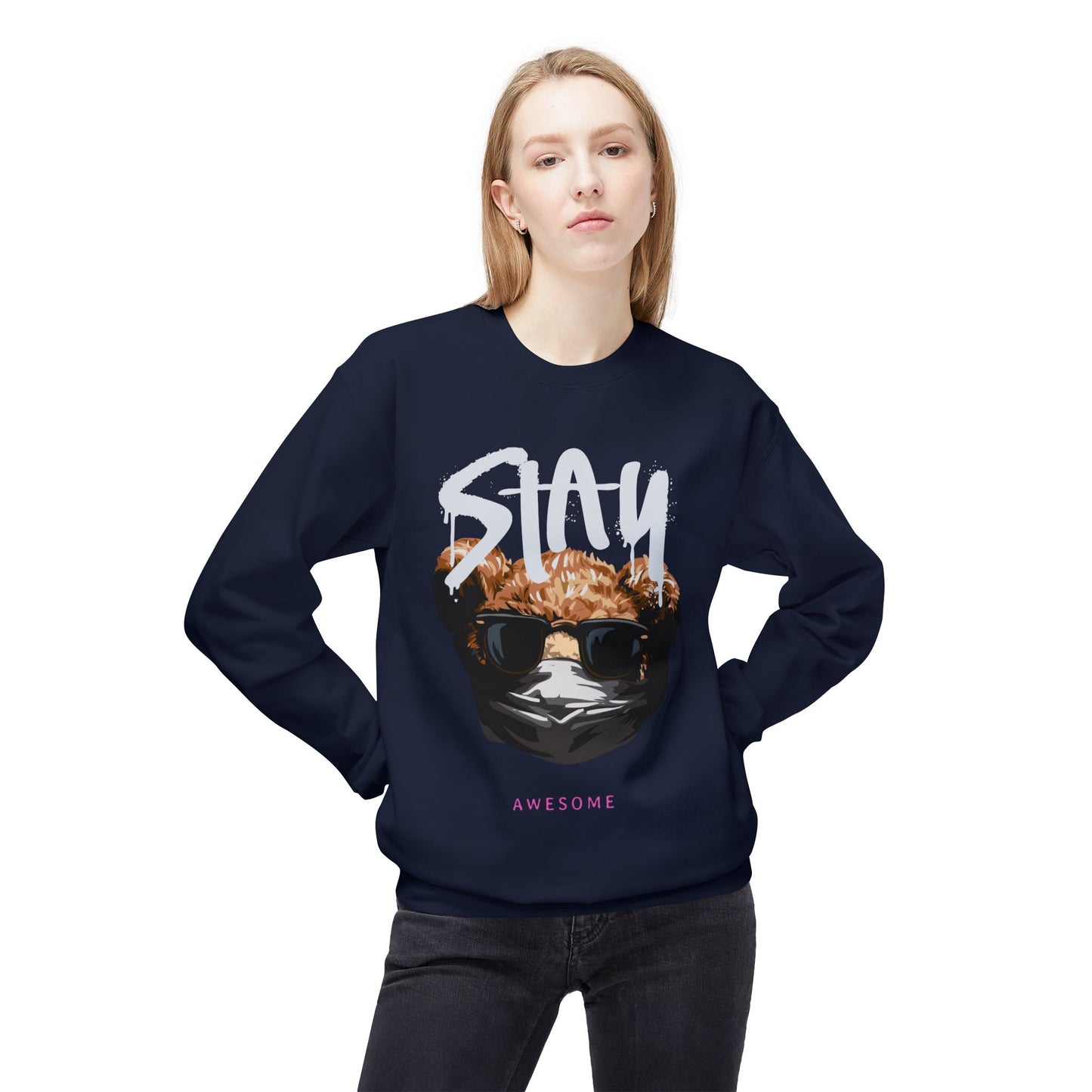 Stay Awesome Fleece Crewneck Sweatshirt for Cozy Vibes, Perfect Gift for Friends, Cute Casual Wear, Fun Retro Style, Ideal for Cold Days