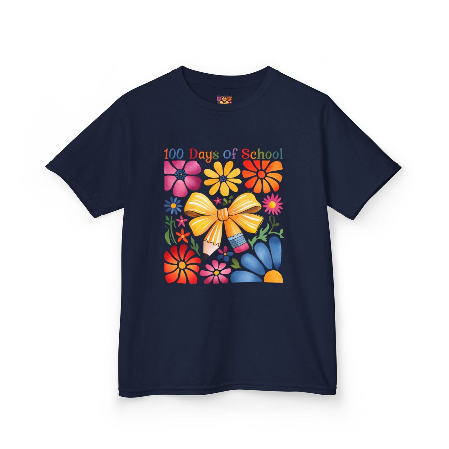 Colorful 100 Days of School Kids Tee, Flower Print T-Shirt for Students, End of Year Celebration Shirt, Fun School Day Wear, Gift for Kids Navy