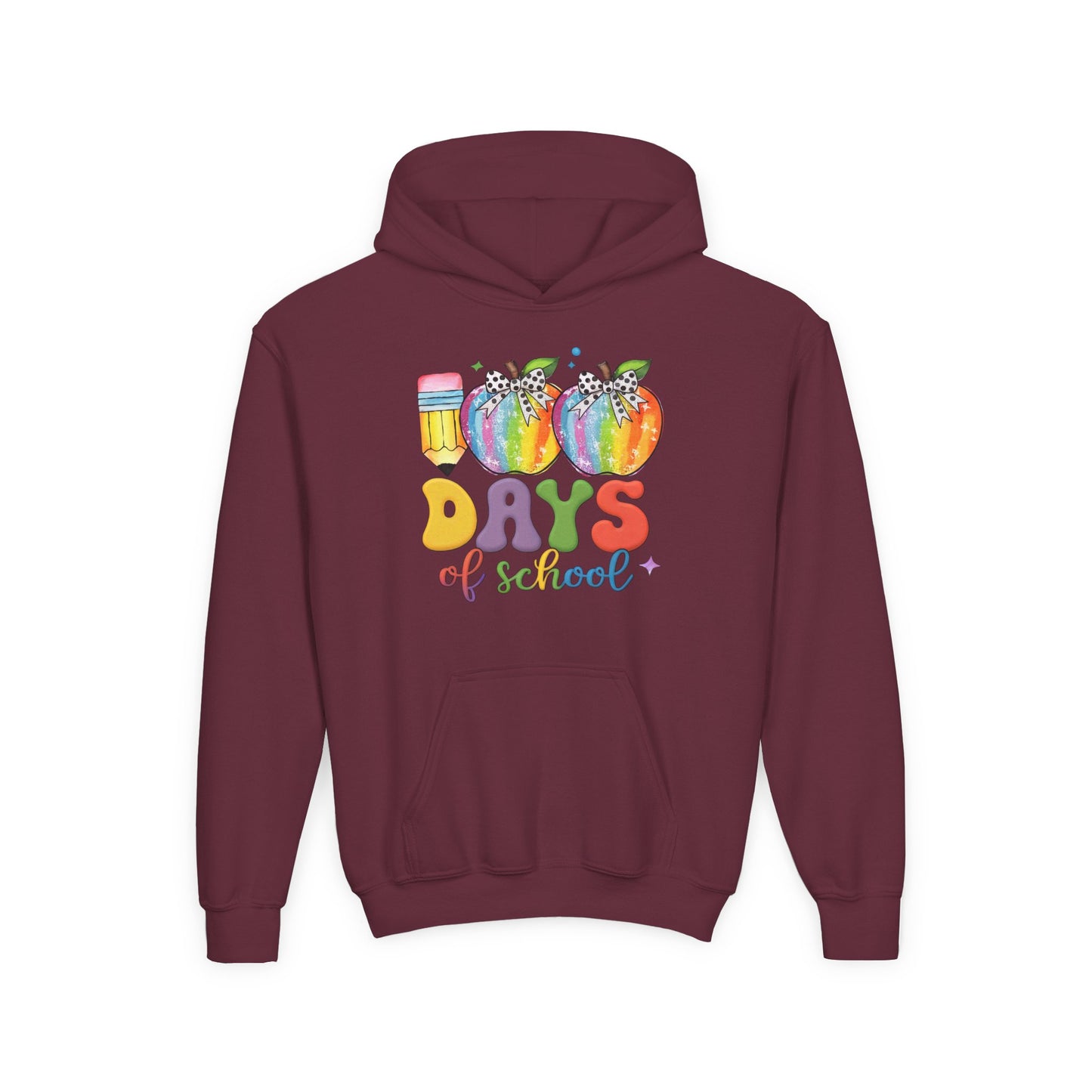 Colorful 100 Days of School Hoodie for Kids, Fun Sweatshirt for Students, Back to School Gift, Rainbow Apple Design, Classroom Maroon