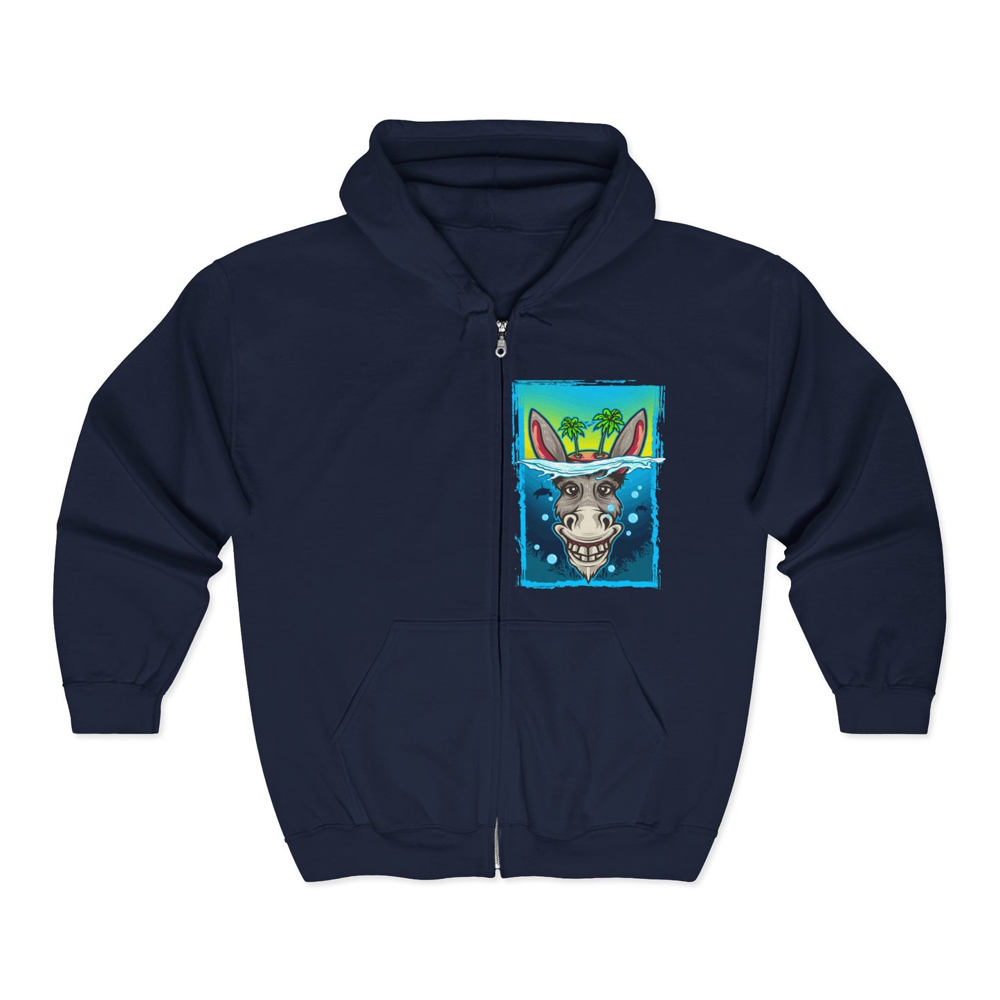 Funny Donkey Island Head Hoodie | Soft & Comfy Tropical Zip-Up Navy