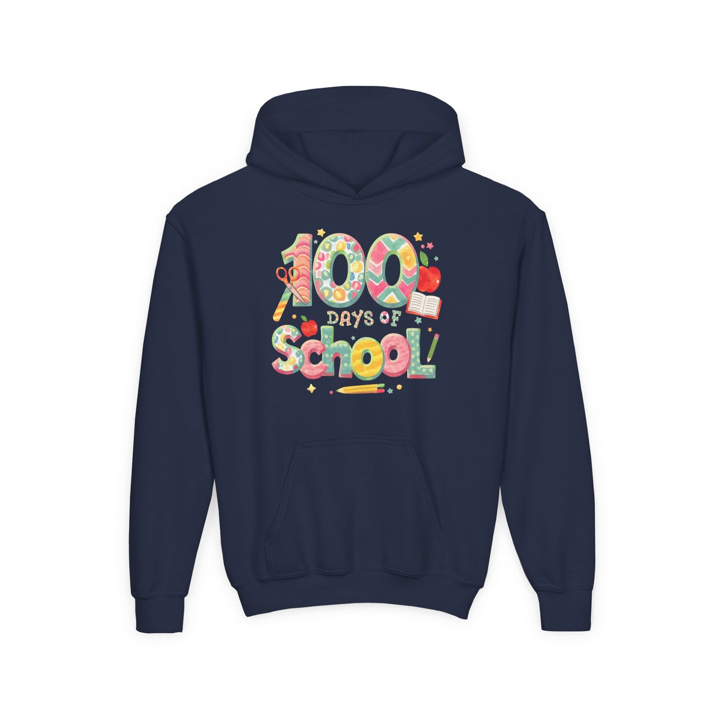 100 Days of School Youth Hoodie, Colorful School Spirit Sweatshirt, Kids Celebration Hoodie, Perfect for School Events, Fun Memory Gear Navy