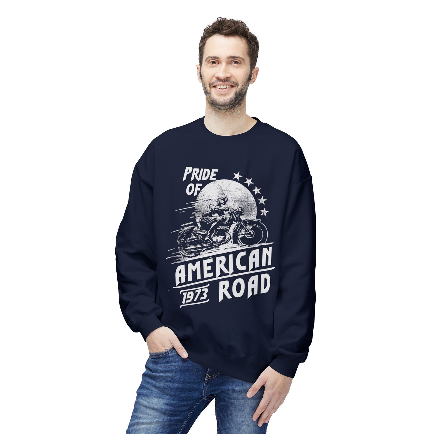 Pride of American Road Crewneck Sweatshirt, Cozy Unisex Fleece Top, Ideal Gift for Bikers, Road Trip Apparel, 1973 Vintage Style