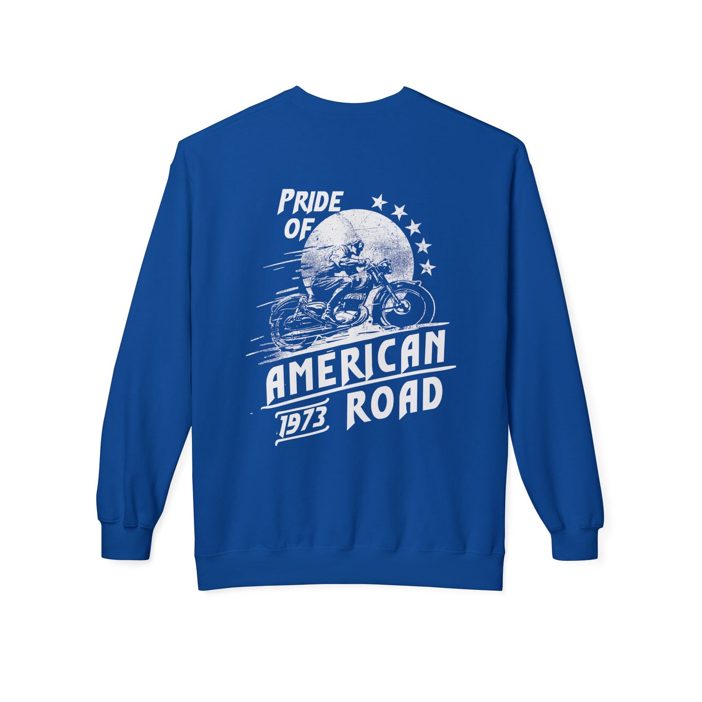 Pride of American Road Crewneck Sweatshirt, Cozy Unisex Fleece Top, Ideal Gift for Bikers, Road Trip Apparel, 1973 Vintage Style