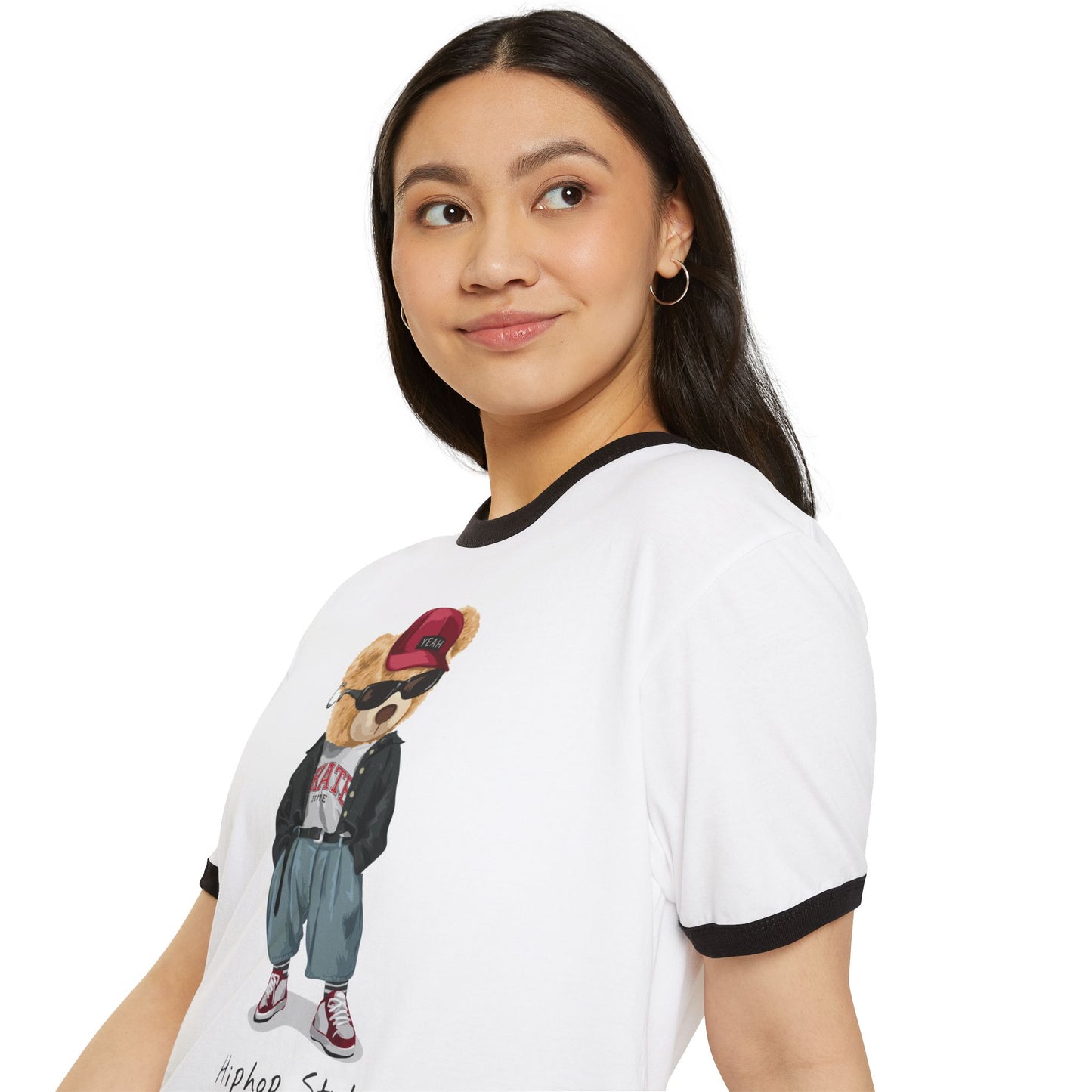 Hip Hop Bear Unisex Cotton Ringer T-Shirt, Cute Graphic Tee, Retro Style T-Shirt, Streetwear Apparel, Gift for Music Lovers
