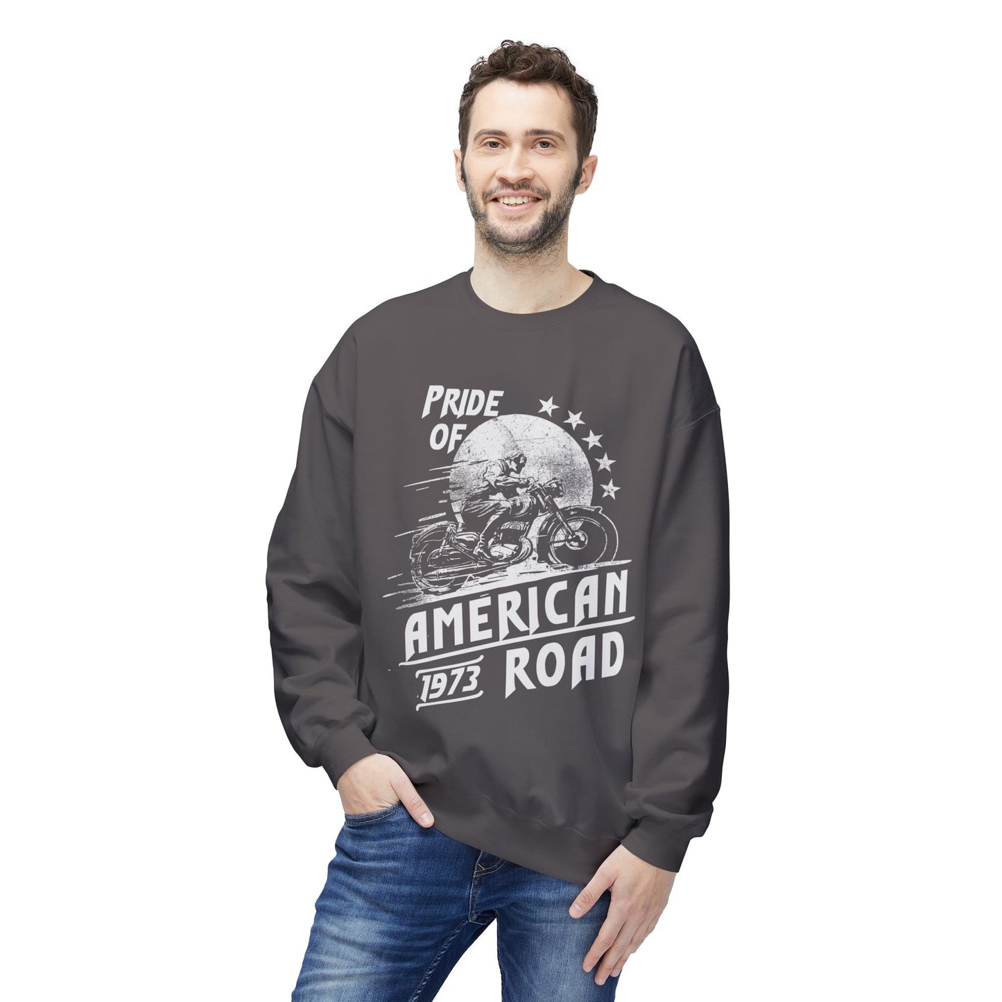 Pride of American Road Crewneck Sweatshirt, Cozy Unisex Fleece Top, Ideal Gift for Bikers, Road Trip Apparel, 1973 Vintage Style