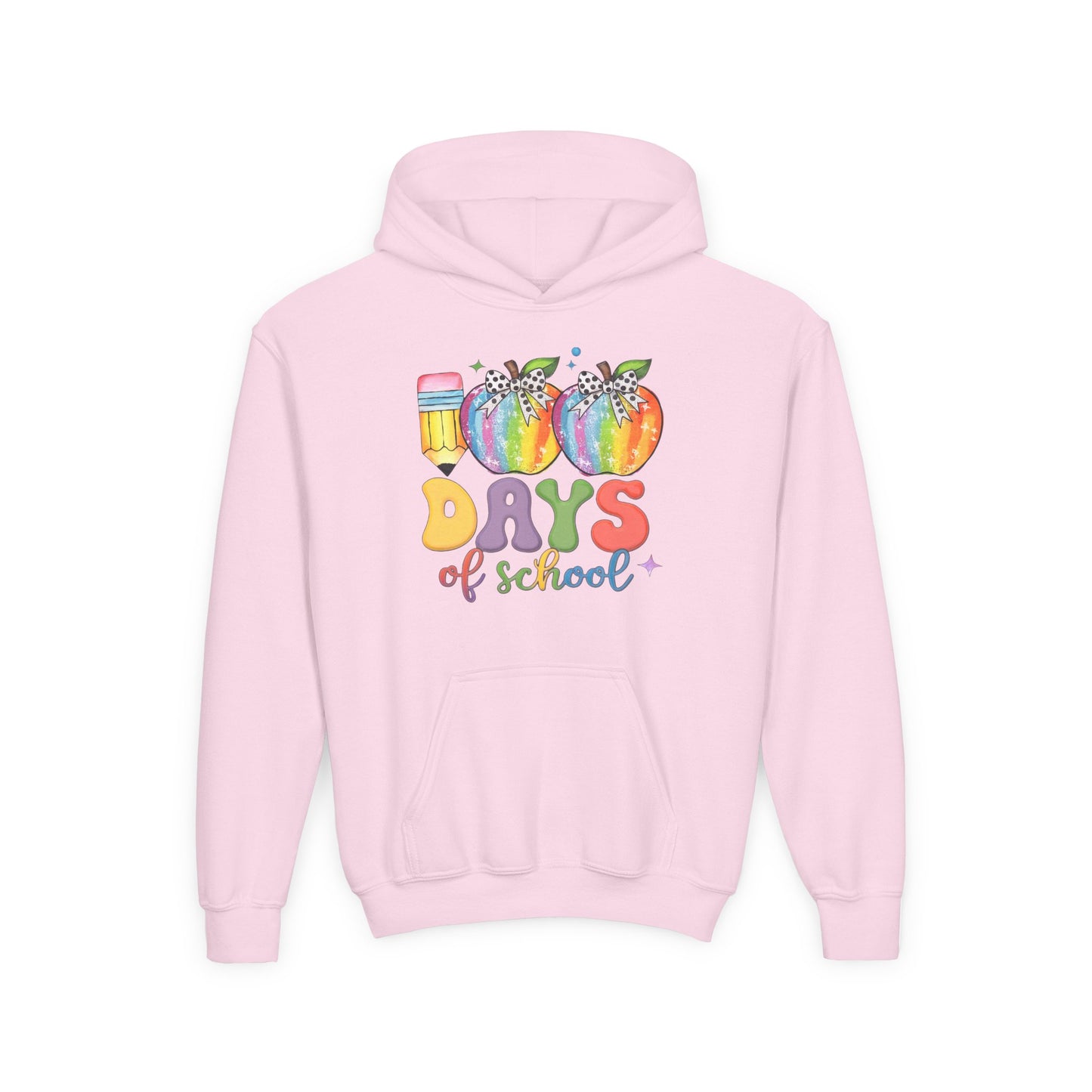 Colorful 100 Days of School Hoodie for Kids, Fun Sweatshirt for Students, Back to School Gift, Rainbow Apple Design, Classroom Light Pink