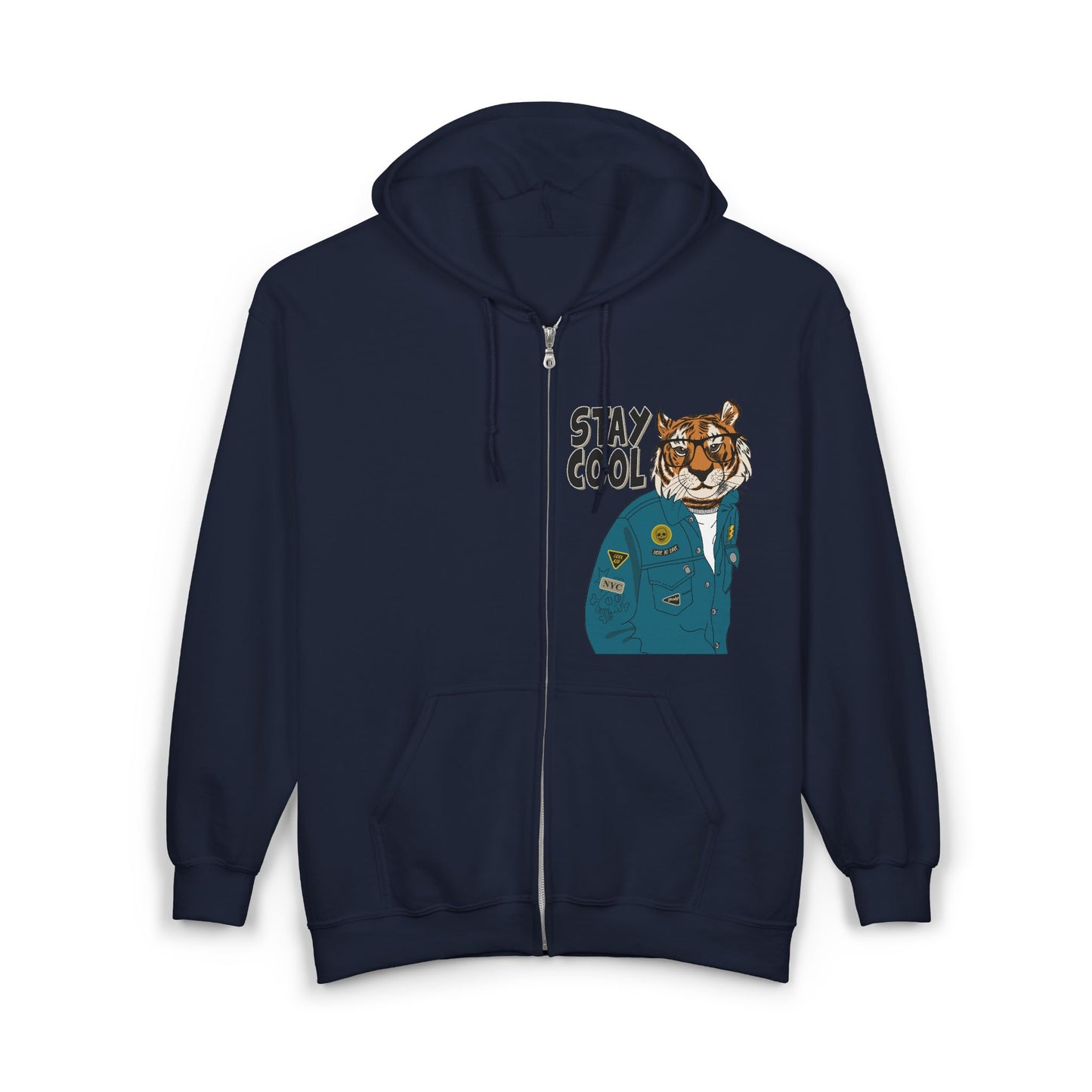 Trendy Graphic Hoodie - Stay Cool Tiger Zip Sweatshirt, Animal Lover Gift, Casual Streetwear, Cozy Layering Piece, Unique Fashion Statement