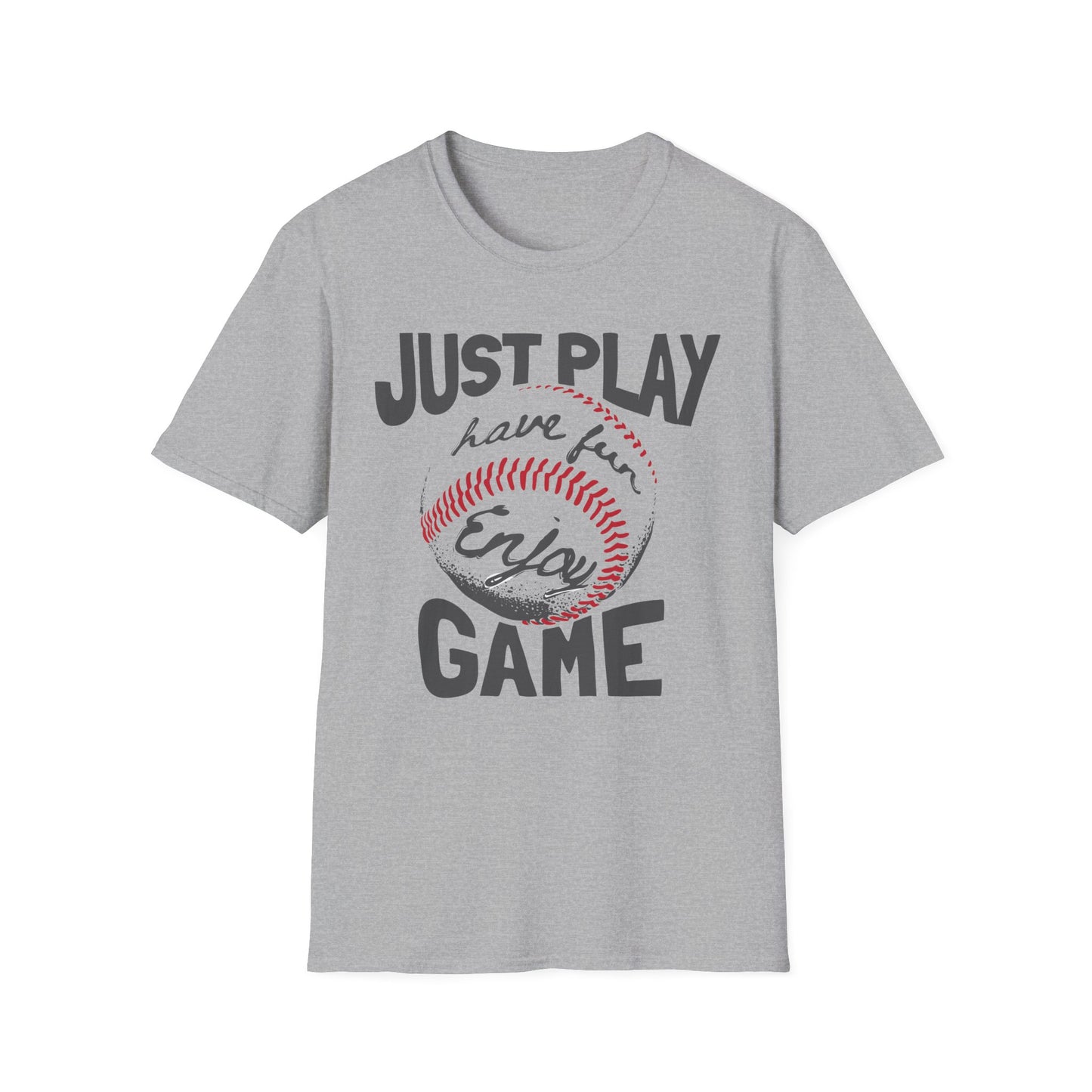 Just Play Game Unisex Softstyle T-Shirt | Fun Gift for Baseball Lovers | Casual Wear, Sports Shirt, Game Day Tee, Gift for Him/Her Sport Grey