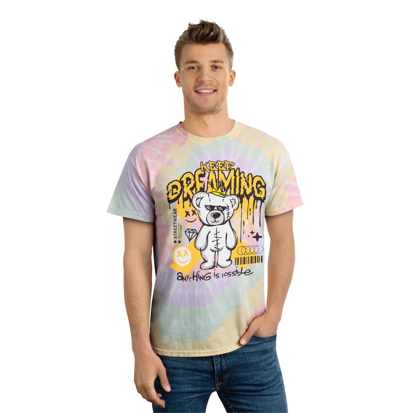 Unisex "Keep Dreaming" Tie Dye T-Shirt – Streetwear Graphic Tee with Cool Bear & Motivational Quote – Soft Cotton Pastel Shirt