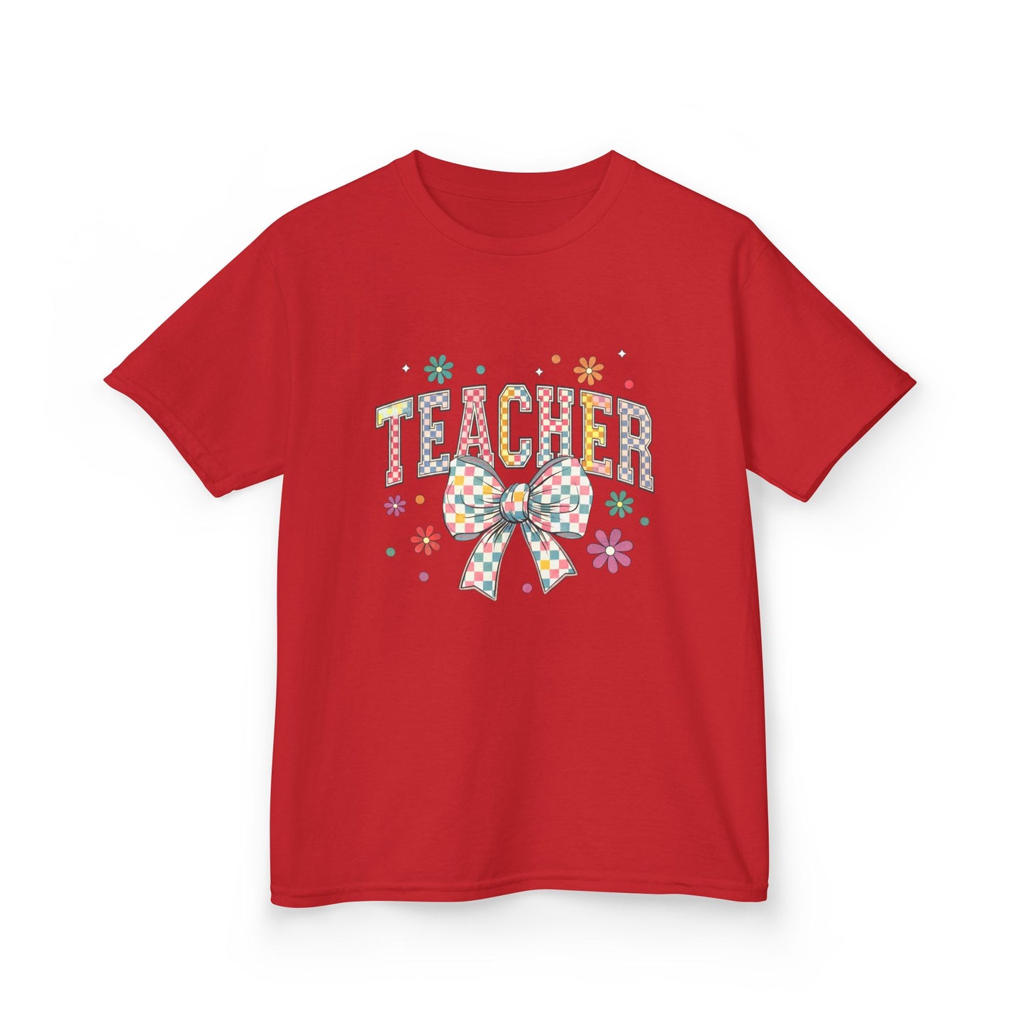 Teacher Kids Tee with Colorful Bow Design, Perfect for Back to School, Teacher Appreciation, Birthday Gift, Fun Classroom Wear Red