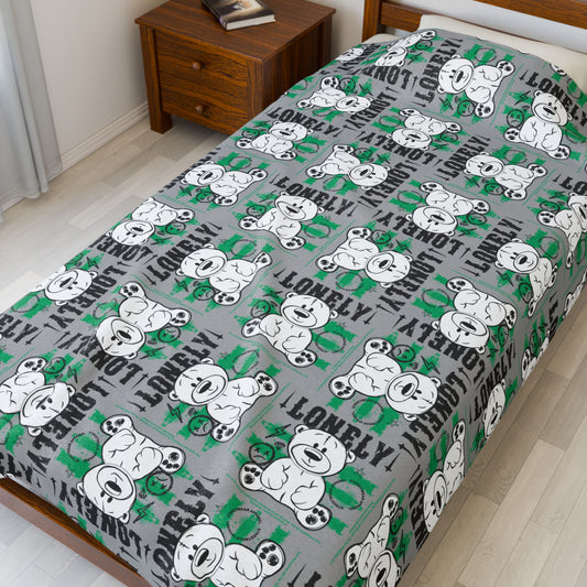 "Lonely" Teddy Bear Graphic Velveteen Plush Blanket – Soft Grey Throw for Home Decor – Introspective Streetwear Style 60" × 80"