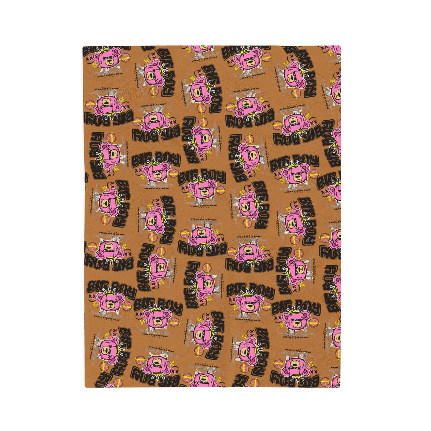 "Big Boy" Pink Bear Graphic Plush Blanket – Soft Velveteen Throw for Bed or Couch – Brown Urban Streetwear Home Decor