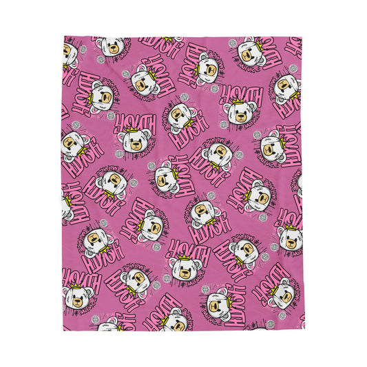 Youth Culture Bear Graphic Velveteen Plush Blanket – Soft Throw for Couch or Bed – Pink Urban Streetwear Home Decor