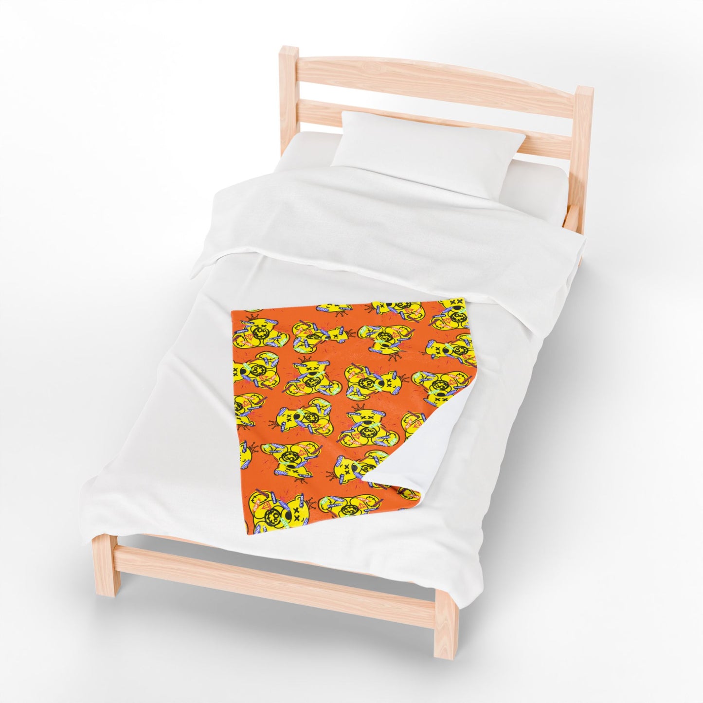 Emotional Collage Graphic Velveteen Plush Blanket – Soft Orange Throw with Teddy Bear – Artistic Streetwear Home Decor