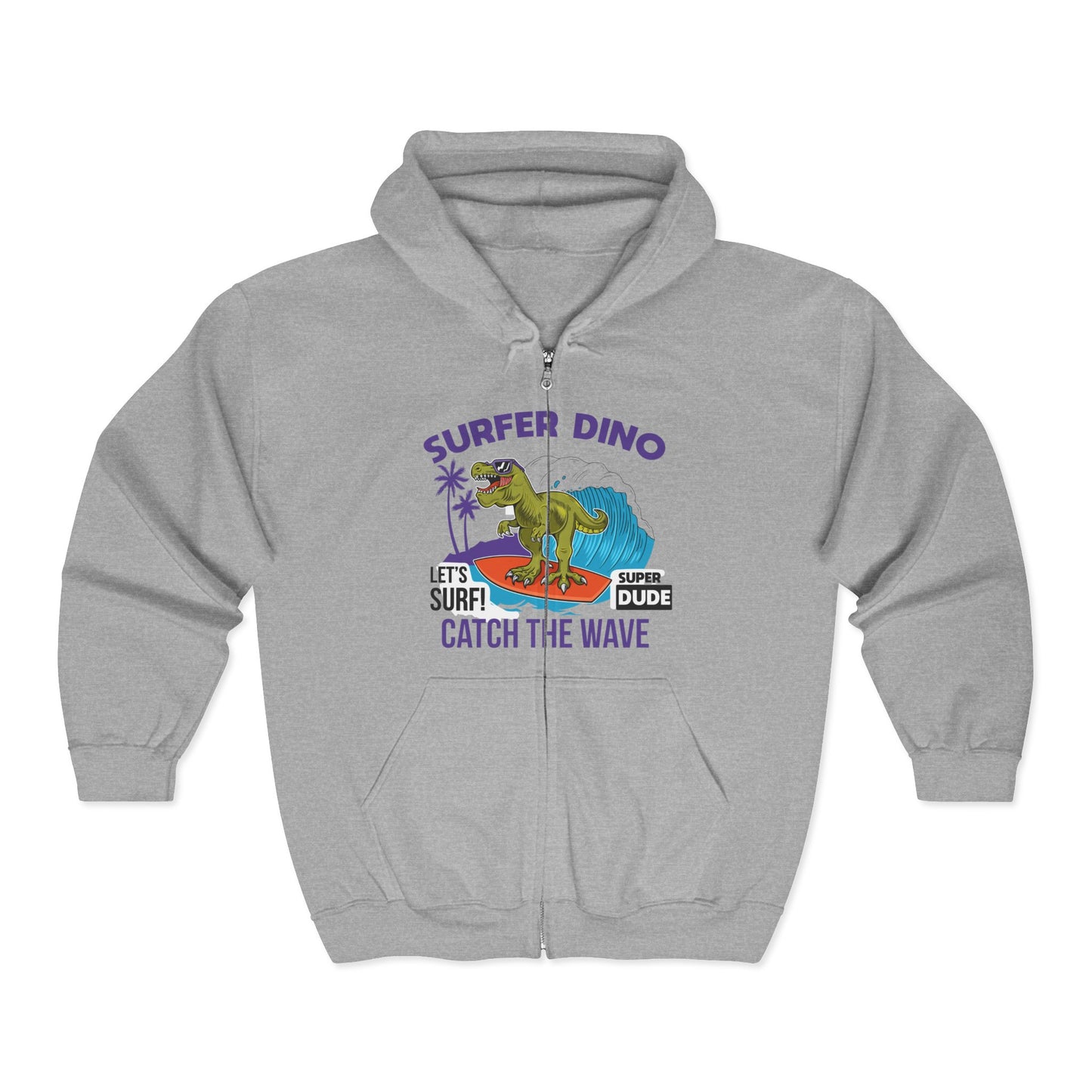 Surfer Dino Full Zip Hoodie - Catch the Wave, Surfing Sweatshirt for Beach Lovers, Gifts for Dino Enthusiasts, Fun Casual Wear Sport Grey