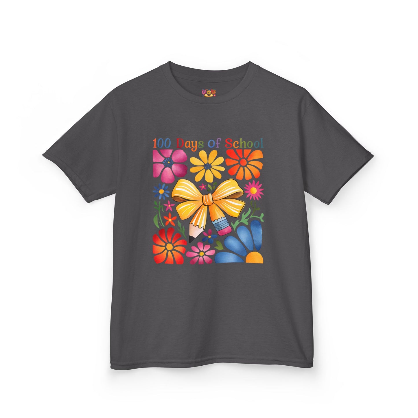 Colorful 100 Days of School Kids Tee, Flower Print T-Shirt for Students, End of Year Celebration Shirt, Fun School Day Wear, Gift for Kids Charcoal