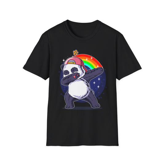 Rainbow Panda Unisex Softstyle T-Shirt, Cute Panda Tee, Gift for Animal Lovers, Fun Casual Wear, Birthday Present, Streetwear Fashion Black