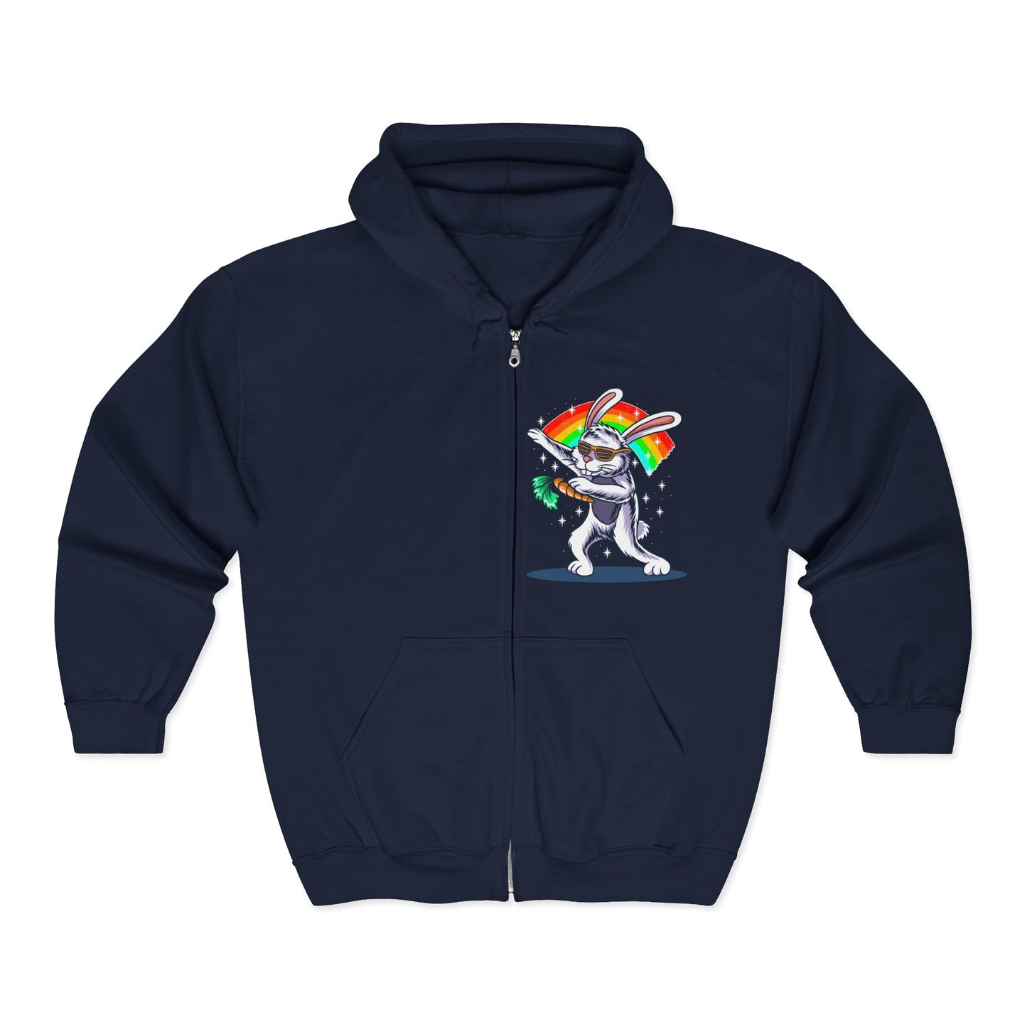 Colorful Bunny Zip-Up Hoodie, Unisex Rainbow Jacket, Fun Sweatshirt for All Occasions, Great Gift for Easter, Spring Celebrations Navy