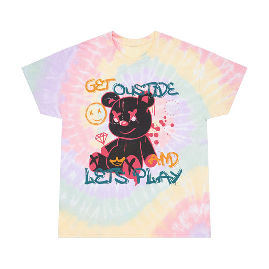 Unisex "Get Outside & Let's Play" Tie Dye T-Shirt – Playful Streetwear Graphic Tee with Edgy Teddy Bear – Soft Cotton