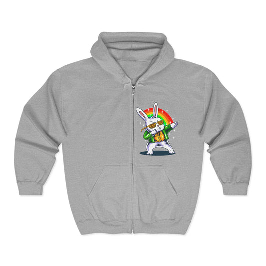 Dabbing Easter Bunny Full Zip Hoodie Sweatshirt - Classic Fit Sport Grey