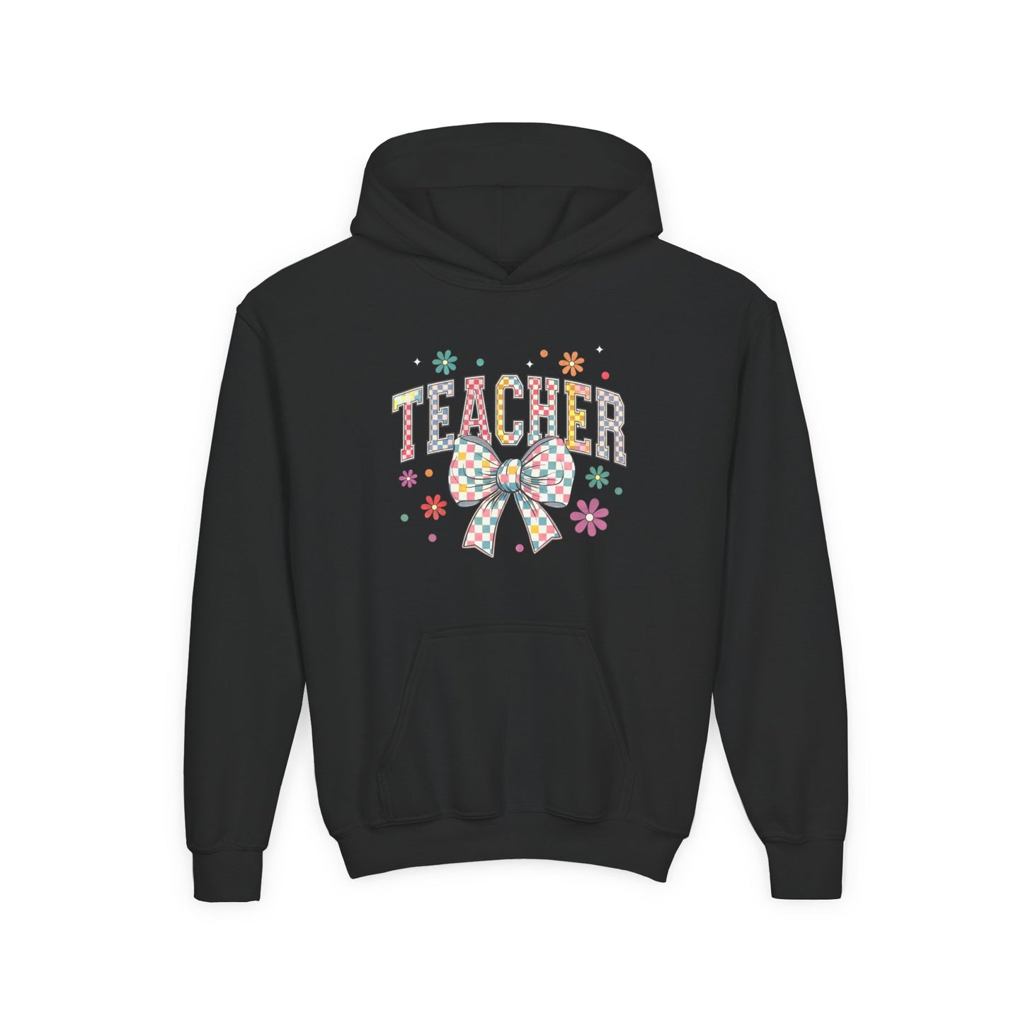 Teacher Appreciation Youth Hooded Sweatshirt - Cute Bow Design, Perfect Gift for Educators, Back to School, Christmas, Birthday Black