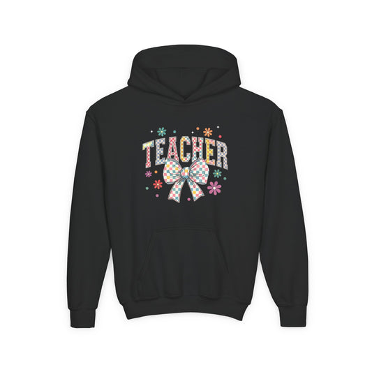 Teacher Appreciation Youth Hooded Sweatshirt - Cute Bow Design, Perfect Gift for Educators, Back to School, Christmas, Birthday Black