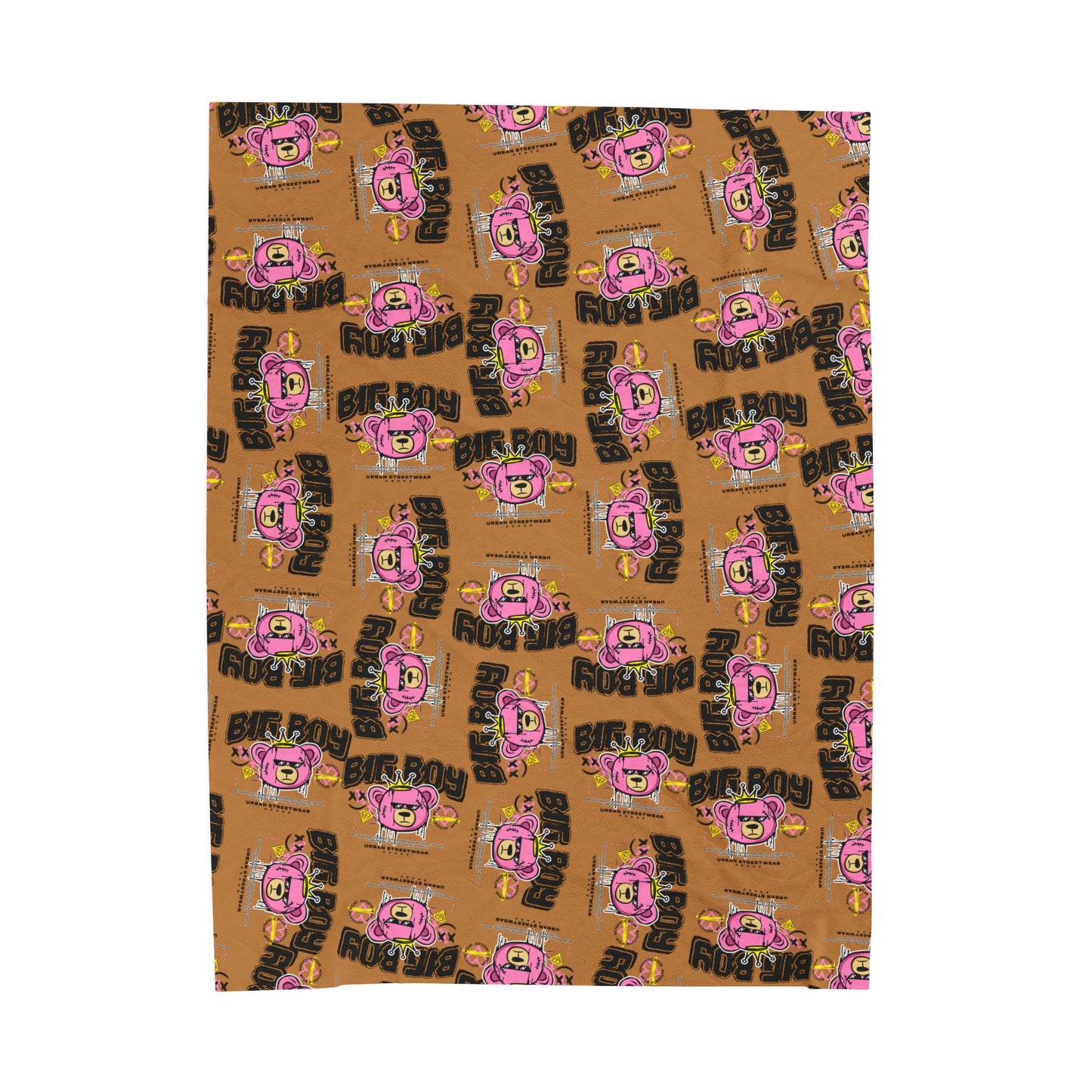 "Big Boy" Pink Bear Graphic Plush Blanket – Soft Velveteen Throw for Bed or Couch – Brown Urban Streetwear Home Decor