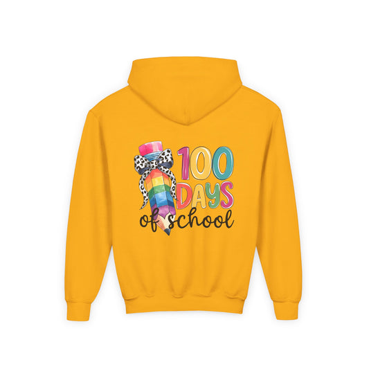 Colorful 100 Days of School Youth Hoodie, Fun School Celebration Sweatshirt, Back-to-School Gift, Kids Fashion, Classroom Style Gold
