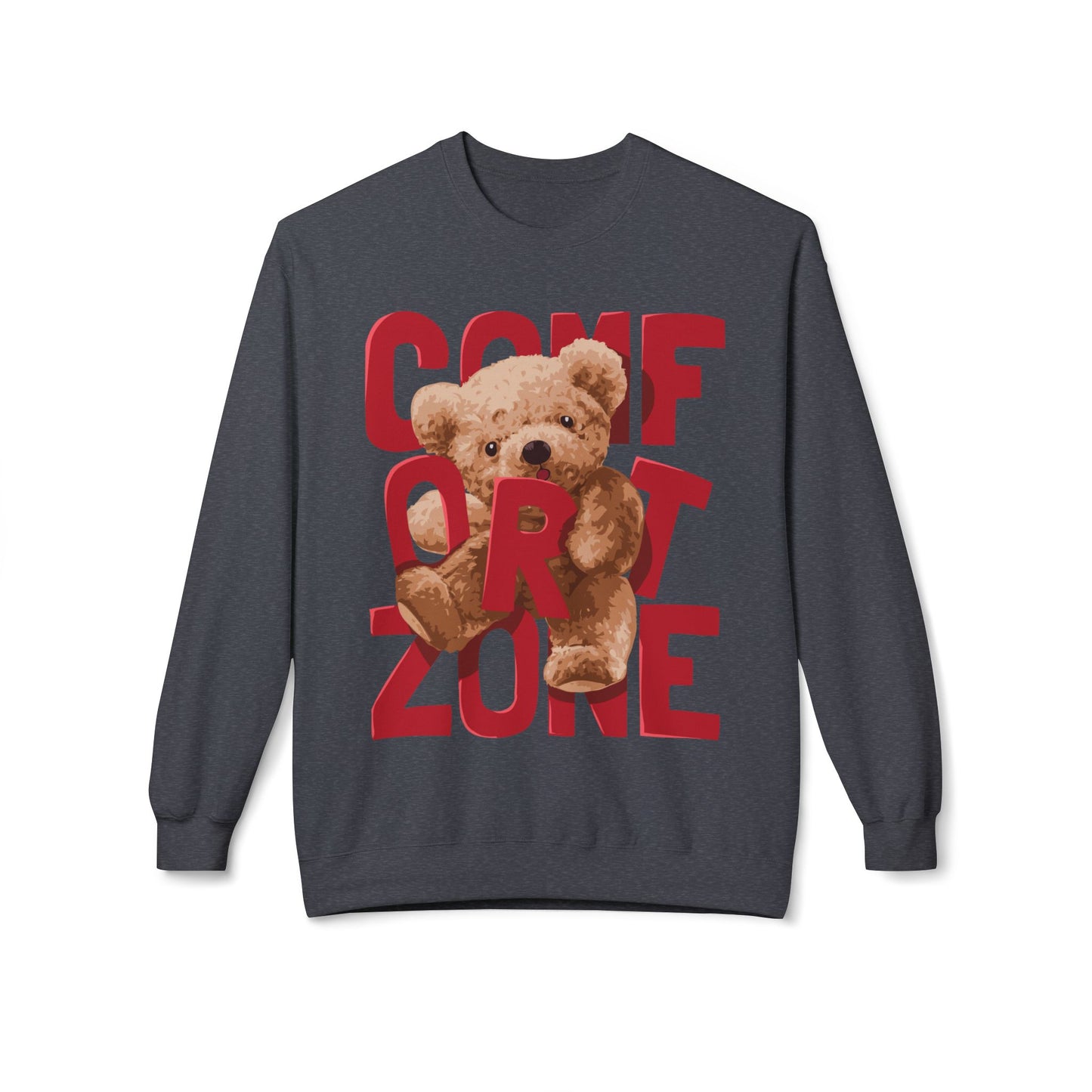 Comfort Zone Teddy Bear Crewneck Sweatshirt, Cozy Black Sweatshirt, Unisex Gift, Cute Sweatshirt for Winter, Relaxation Apparel Dark Heather