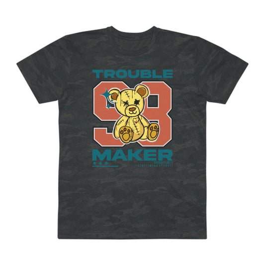 "Trouble Maker" Leopard Print Men's Fine Jersey Tee - Casual T-Shirt for Teens, Unique Gift, Streetwear, Graphic Tee, Fun Summer Style Storm Camo