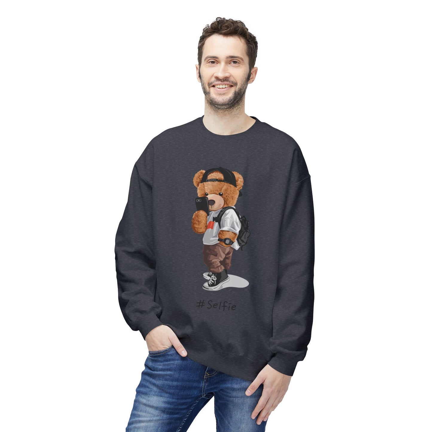 Cute Bear Selfie Sweatshirt, Trendy Gift for Teens, Cozy Fleece Crew, Fashionable Streetwear, Perfect for Casual Days, Instagram Vibes