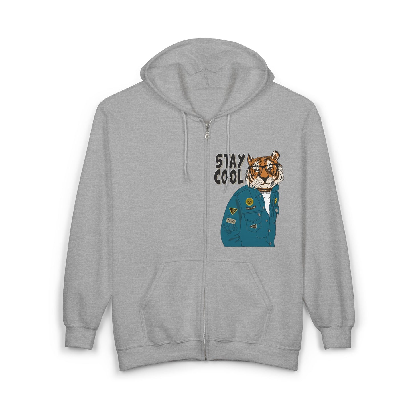 Trendy Graphic Hoodie - Stay Cool Tiger Zip Sweatshirt, Animal Lover Gift, Casual Streetwear, Cozy Layering Piece, Unique Fashion Statement