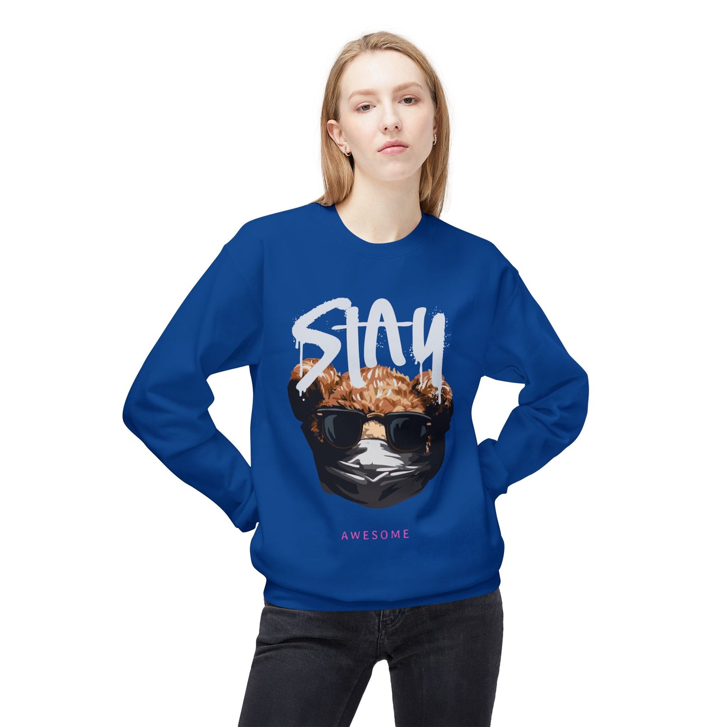Stay Awesome Fleece Crewneck Sweatshirt for Cozy Vibes, Perfect Gift for Friends, Cute Casual Wear, Fun Retro Style, Ideal for Cold Days
