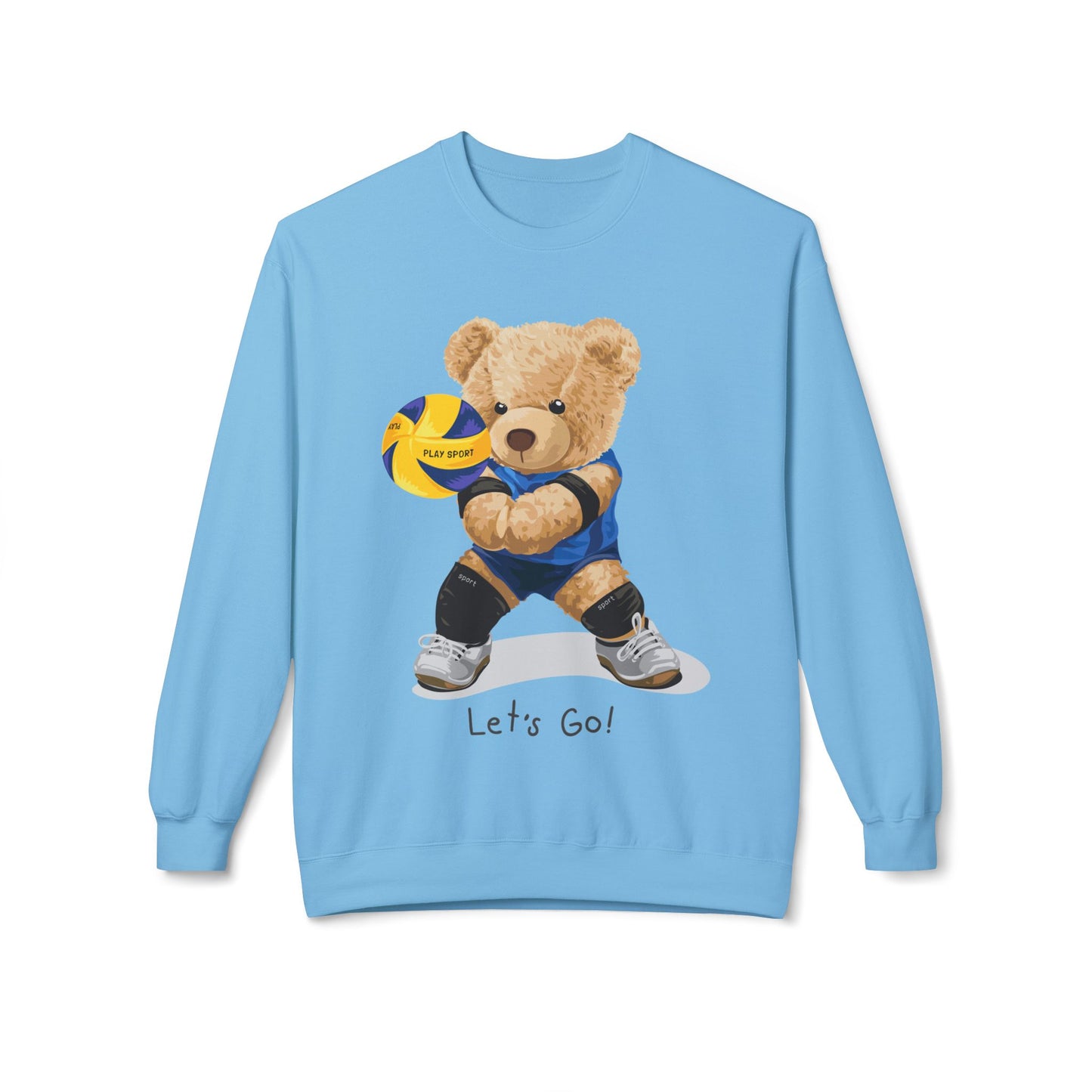 Cheerful Volleyball Bear Crewneck Sweatshirt, Cozy Fleece Top, Cute Sports Apparel, Unisex Gift for Athletes, Casual Wear, Let's Go! Sky